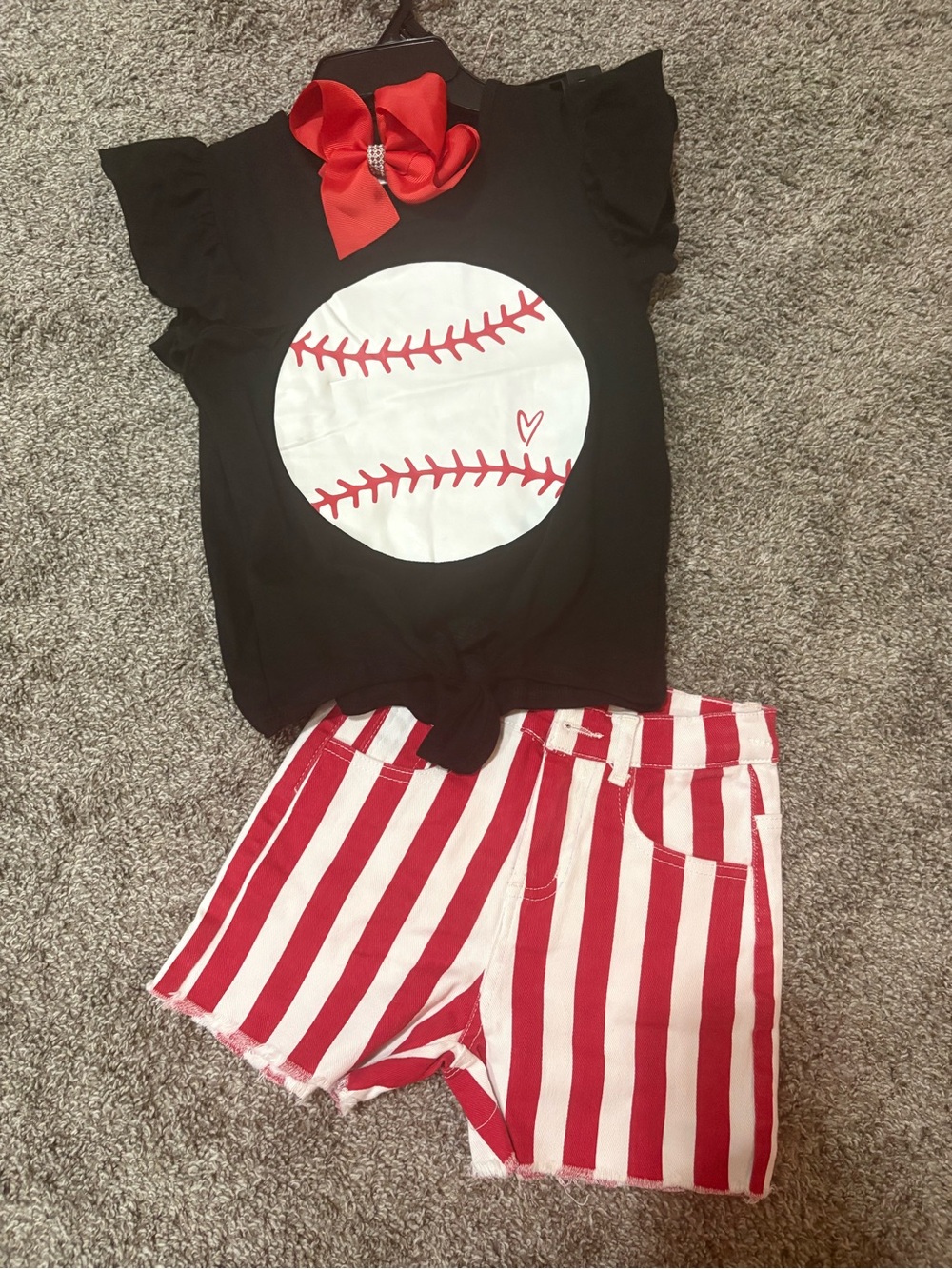 Girls Black Baseball Graphic Tee & Red Stripe Shorts Matching Set